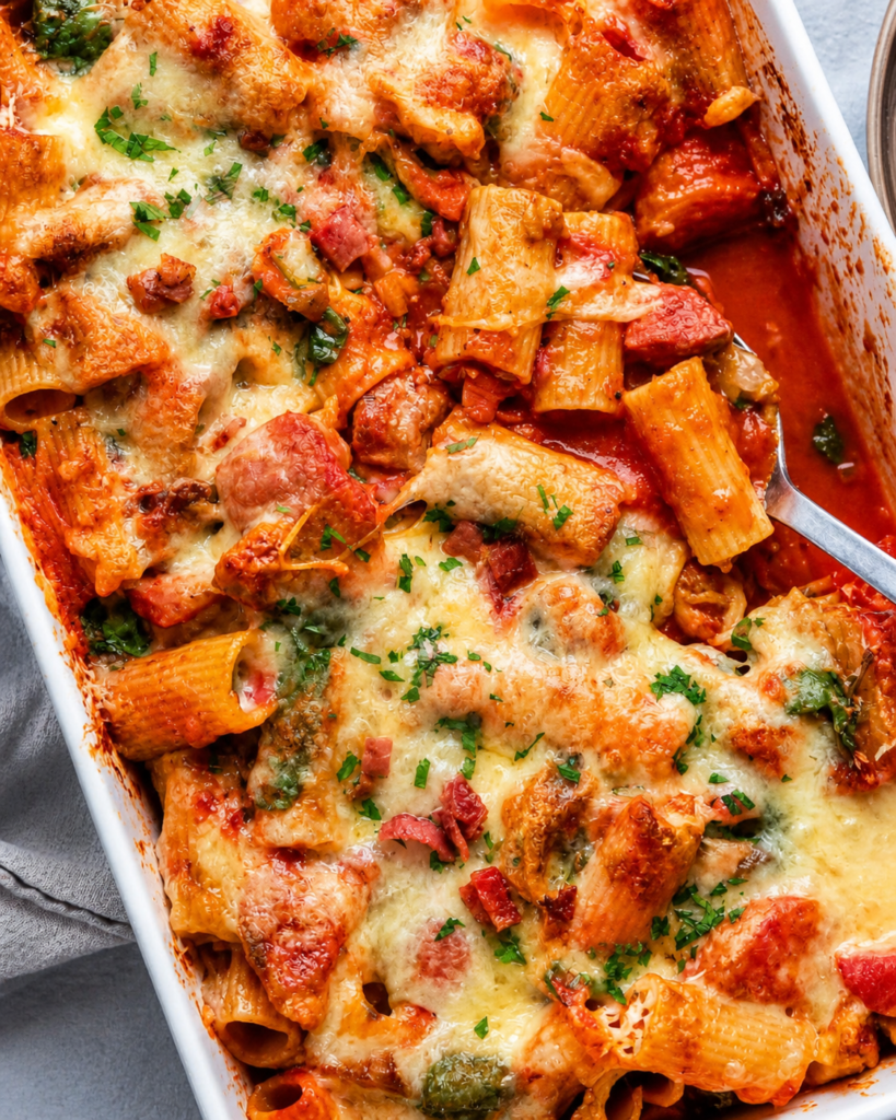Make this easy Chicken Pasta Bake with creamy sauce and melted cheese. A perfect comfort food recipe for family dinners and meal prep!