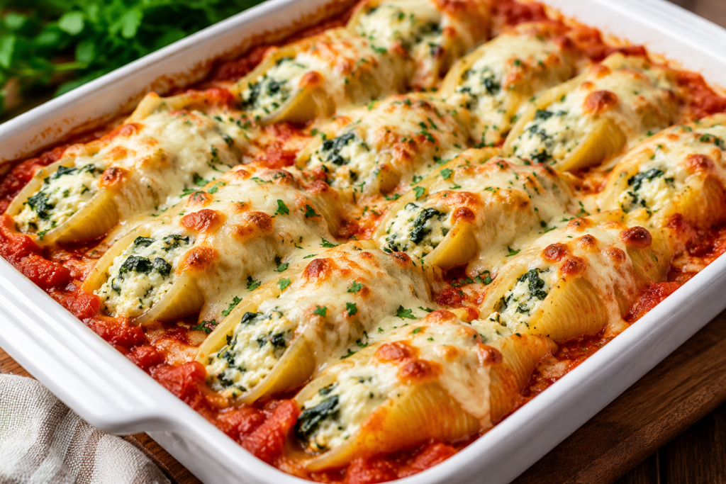 Creamy Spinach Ricotta Stuffed Shells baked with marinara sauce and mozzarella cheese