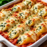 Creamy Spinach Ricotta Stuffed Shells baked with marinara sauce and mozzarella cheese