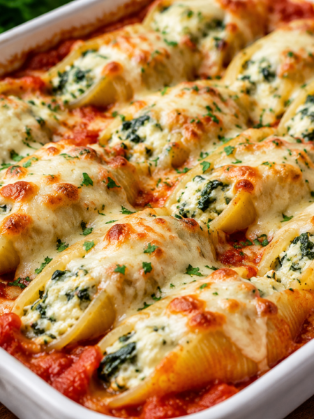 Creamy Spinach Ricotta Stuffed Shells baked with marinara sauce and mozzarella cheese